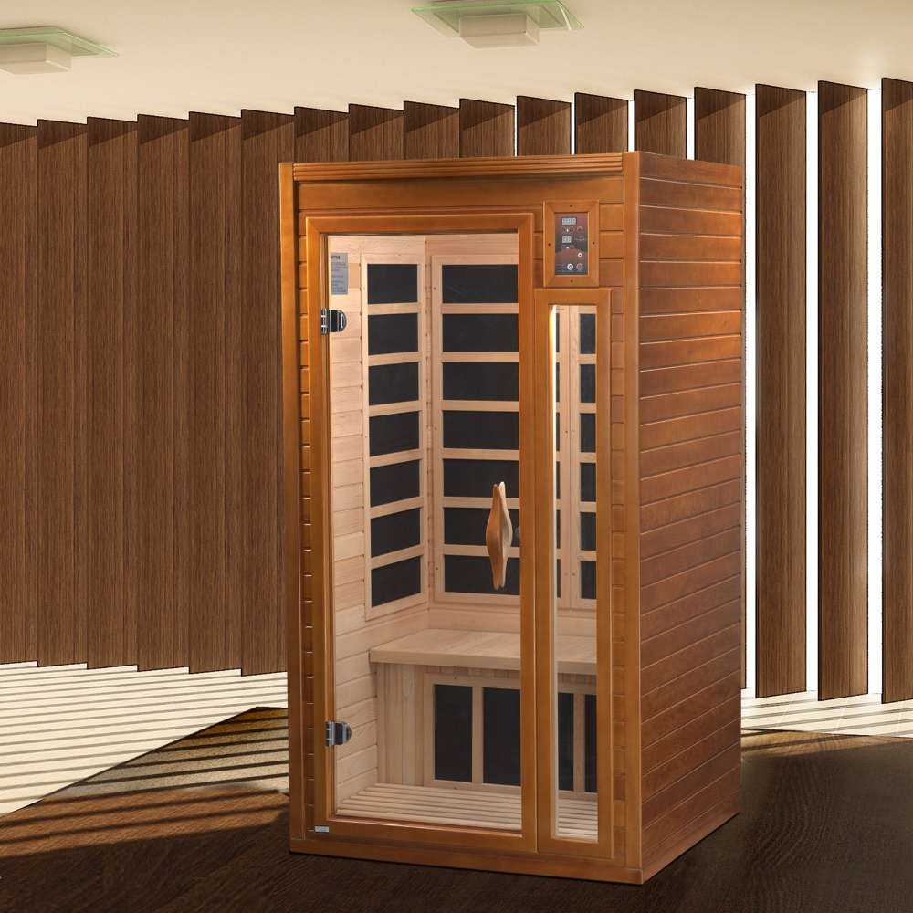 Golden Designs Dynamic Barcelona Elite 1-2 Person Ultra Low EMF Far Infrared Sauna stands in a room with tall wood slat walls and a dark wood floor
