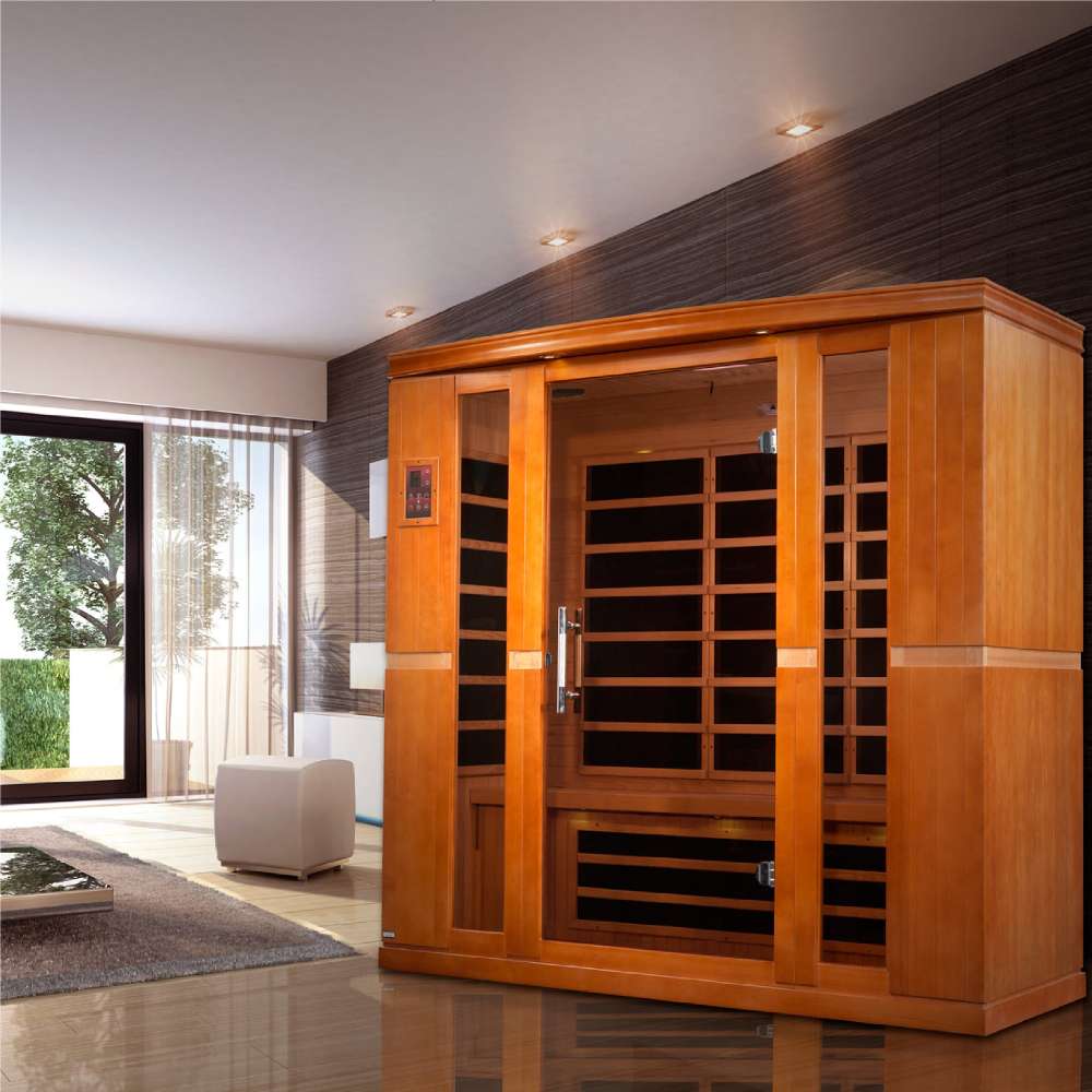 Golden Designs Dynamic Bergamo 4 Person Low EMF Far Infrared Sauna stands in a modern room with wide windows and a light gray floor