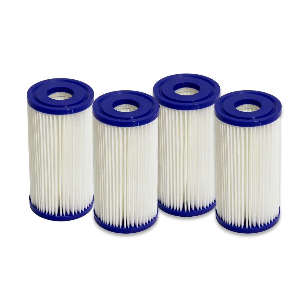 Golden Designs Dynamic Cold Therapy 5x2.5 20 Micron Filters (4 Pack) shows four short white pleated cartridges with navy blue end caps lined up on a white background
