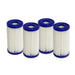 Golden Designs Dynamic Cold Therapy 5x2.5 20 Micron Filters (4 Pack) shows four short white pleated cartridges with navy blue end caps lined up on a white background