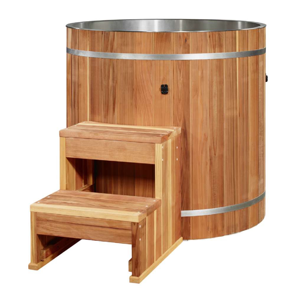 Golden Designs Dynamic Cold Therapy Barrel 304 Stainless Steel Cold Plunge shows a stainless steel rim above cedar staves, with a two-step cedar staircase in front