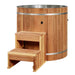 Golden Designs Dynamic Cold Therapy Barrel 304 Stainless Steel Cold Plunge shows a stainless steel rim above cedar staves, with a two-step cedar staircase in front