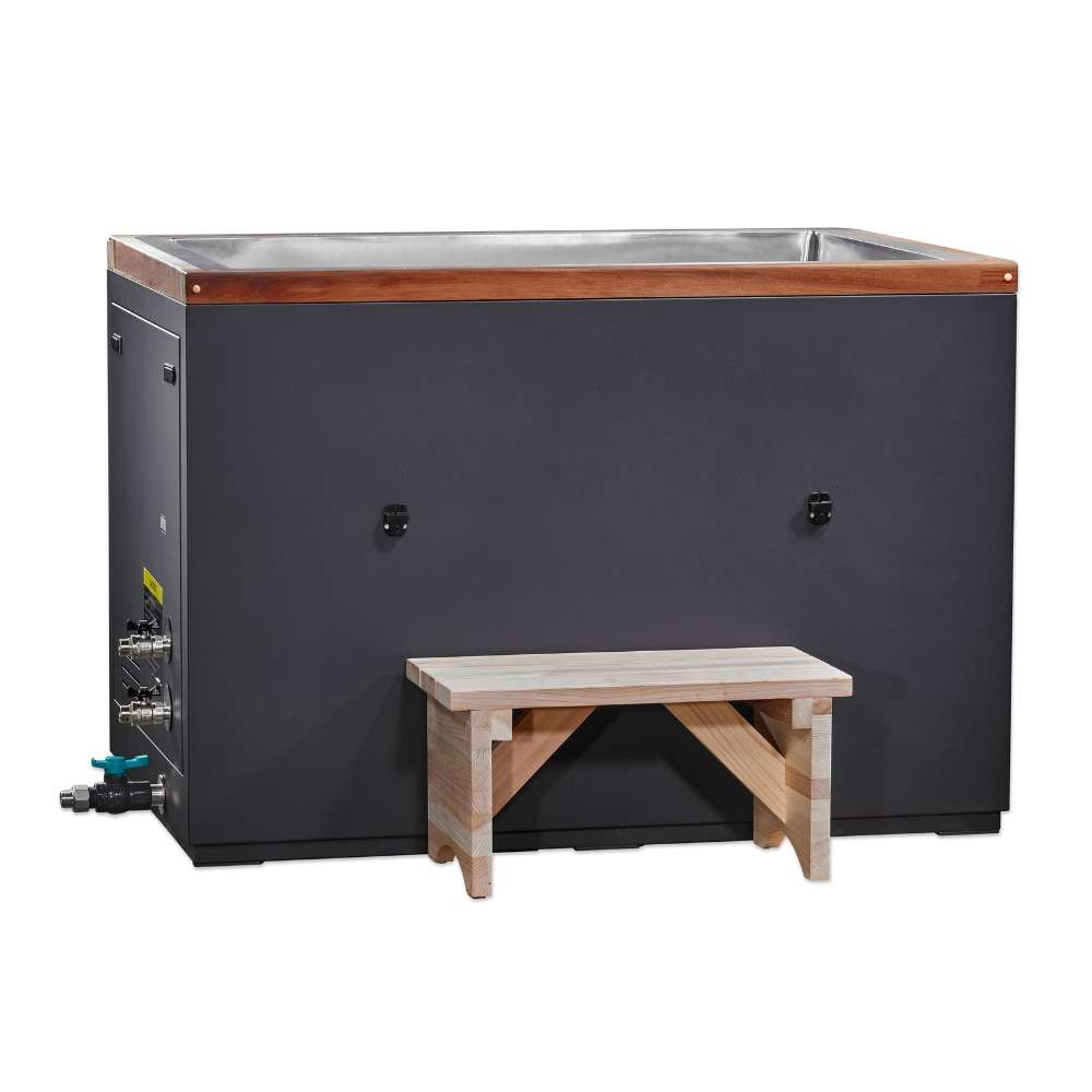 Golden Designs Dynamic Cold Therapy Cuboid 304 Nano-Coated Stainless Steel Cold Plunge Tub shows a dark rectangular cabinet with cedar top trim and a light wood step in front