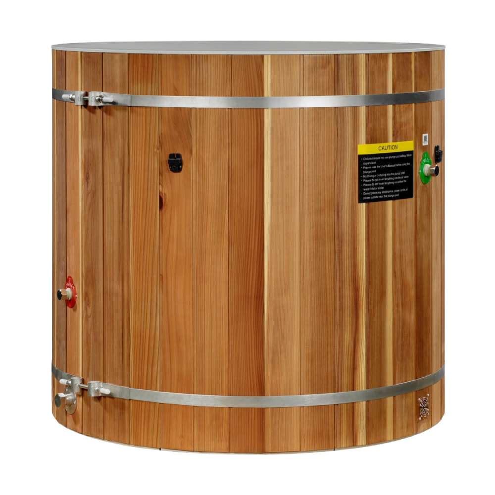 Golden Designs Dynamic Cold Therapy PVC Barrel Cold Plunge stands as a round cedar barrel with two steel bands, side valves and a yellow warning label