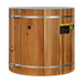 Golden Designs Dynamic Cold Therapy PVC Barrel Cold Plunge stands as a round cedar barrel with two steel bands, side valves and a yellow warning label