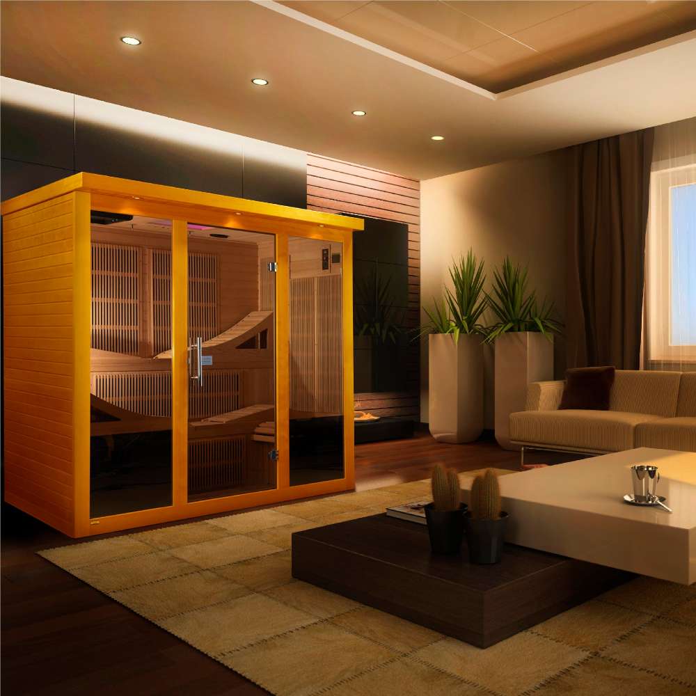 Golden Designs Dynamic Monaco Elite 6 Person Ultra Low EMF Far Infrared Sauna stands in a warmly lit living room with a sofa and wood floor