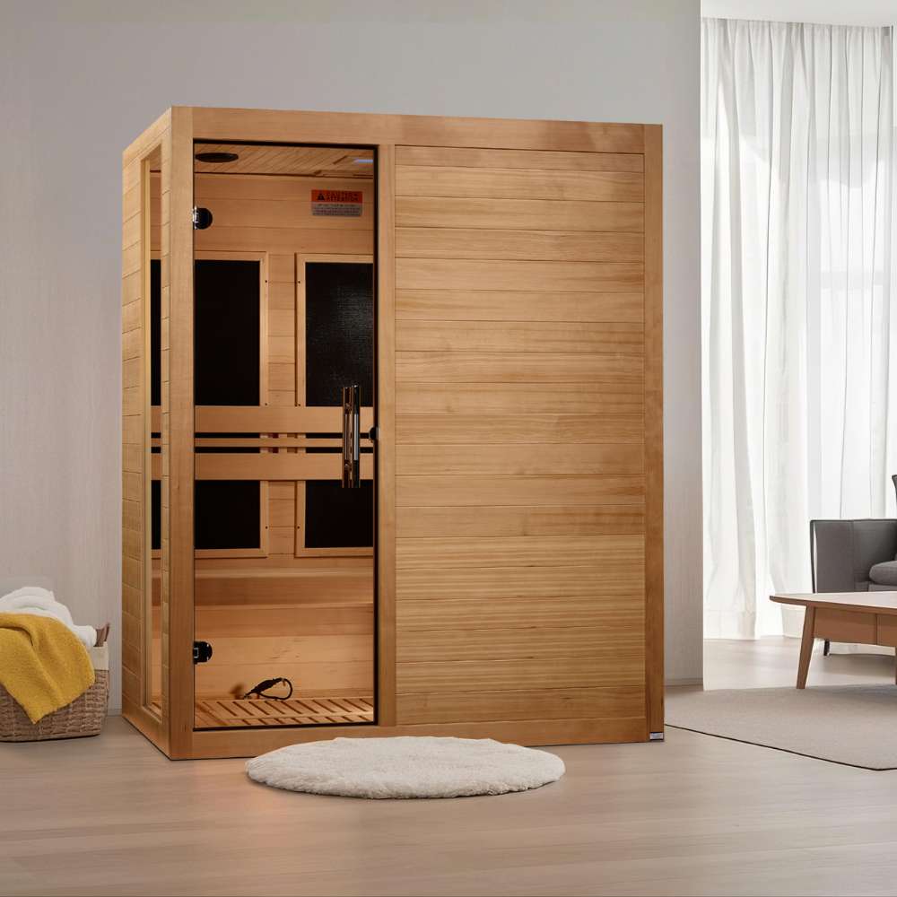 Golden Designs Dynamic Toscana Elite 3 Person Ultra Low EMF Far Infrared Sauna stands in a bright living room with a round rug and armchair