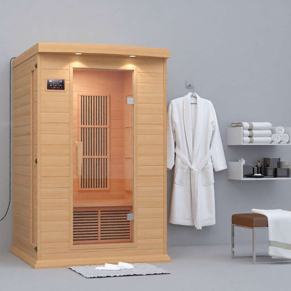 Golden Designs Maxxus 2 Person Near Zero EMF Far Infrared Sauna in Hemlock sits beside a robe rack, towels and a small stool in a gray room