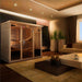 Golden Designs Monaco Near Zero EMF Far IR Sauna stands in a modern living room beside a beige sofa, potted plants and a dark coffee table
