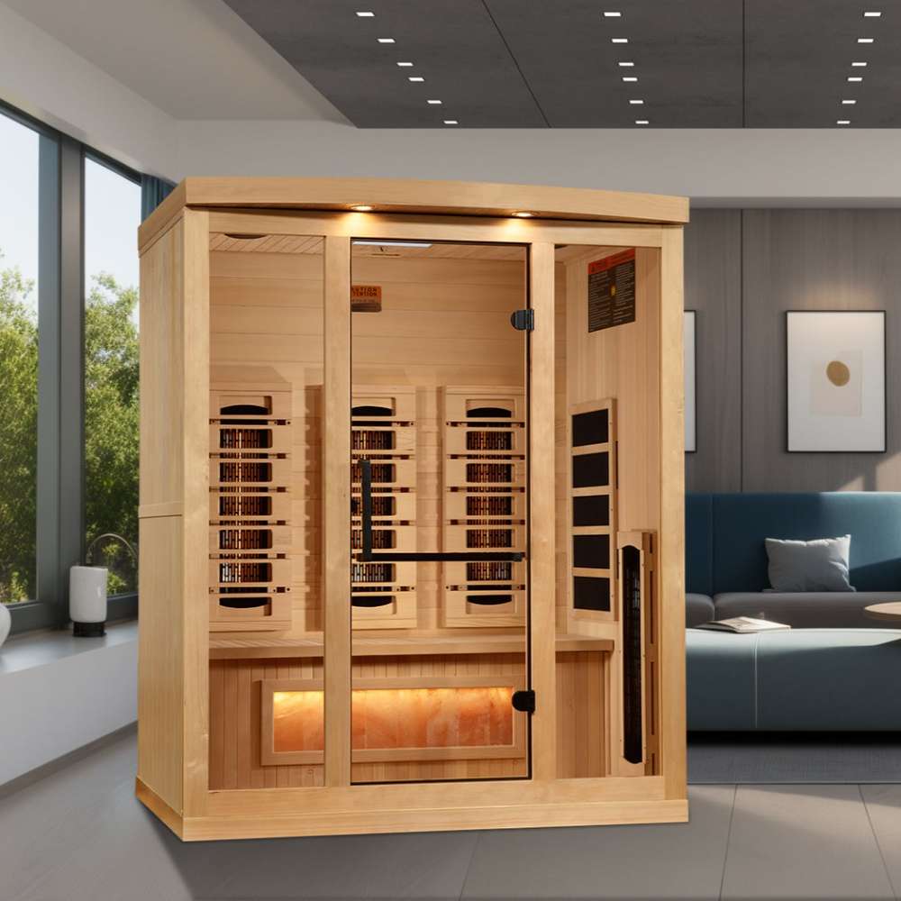 Golden Designs Reserve Edition 3 Person Full Spectrum Sauna with Himalayan Salt Bar stands in a modern living room beside a gray sofa, framed art and large windows