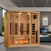 Golden Designs Reserve Edition 4 Person Full Spectrum Sauna with Himalayan Salt Bar stands in a modern living room beside a blue sofa and framed art
