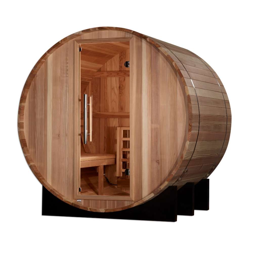 Golden Designs St. Moritz 2 Person Barrel Traditional Sauna rests on black cradles with its glass door showing a guarded stove and cedar benches inside
