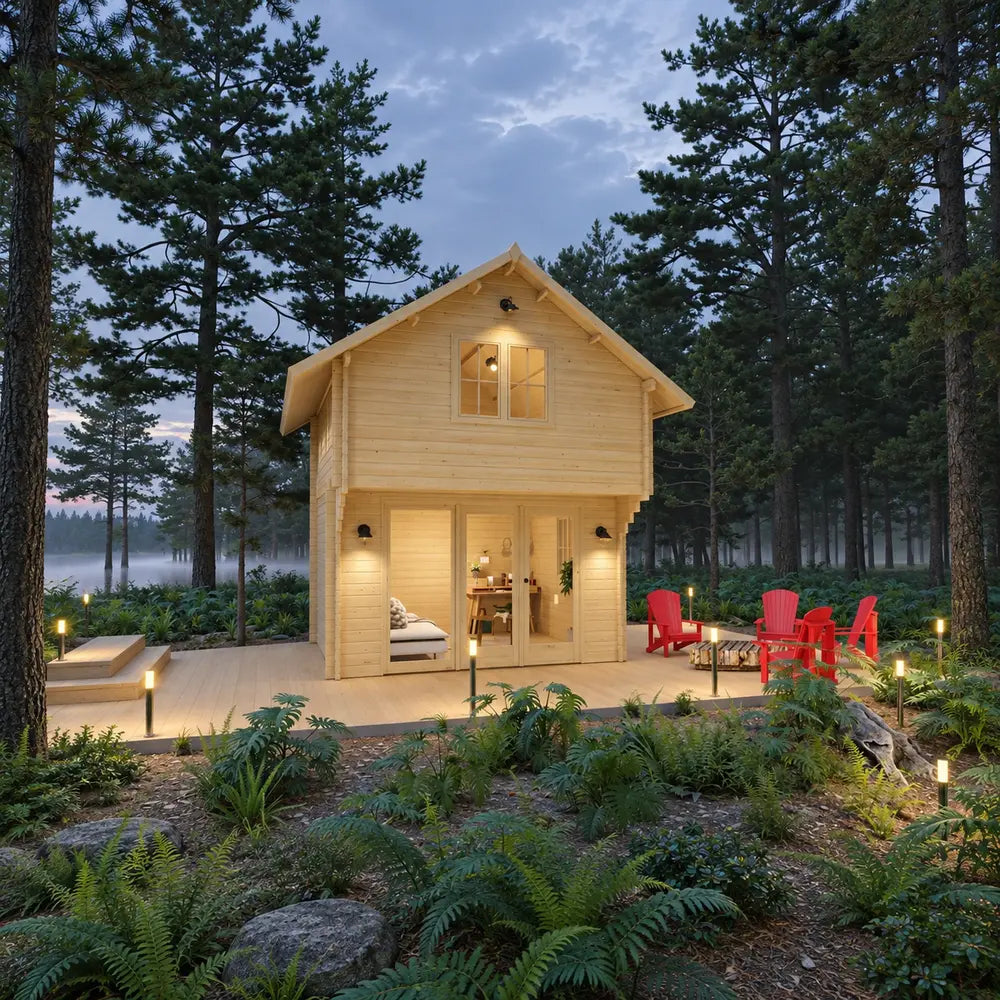 Front view of the two-story GrandView 150 cabin glowing warmly in a forest clearing with red Adirondack chairs and pathway lights.