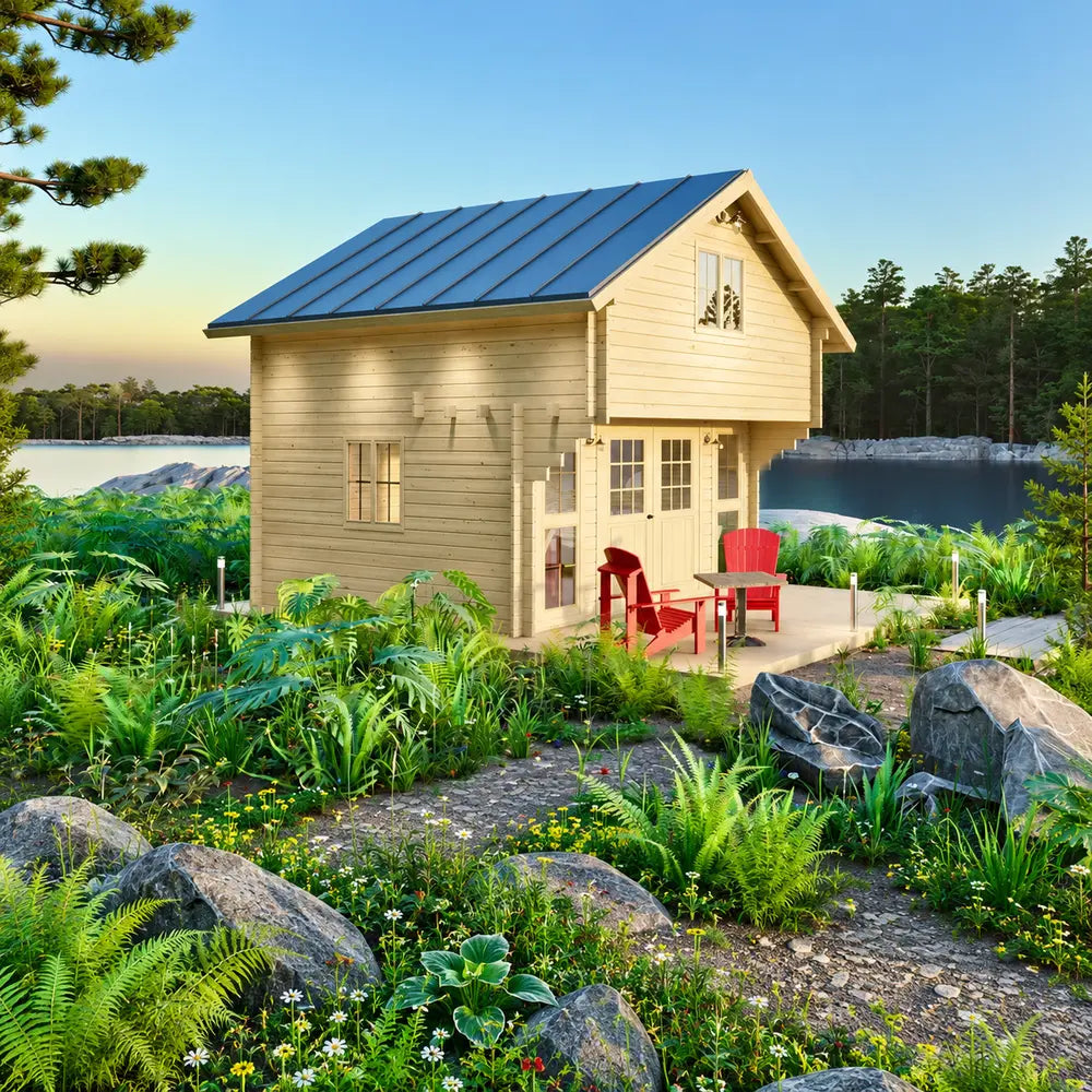 Grand Loft 107 Deluxe DD wooden cabin beside a calm lake, surrounded by rocks, ferns and trees, with red chairs on the porch.