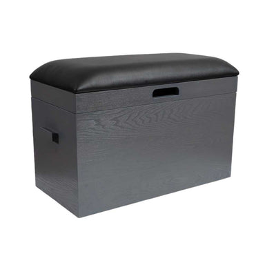 Graystone Game Theory Tables Ottoman For Origins Game Table has a black cushion on top with a rectangular wood body in a grayish finish