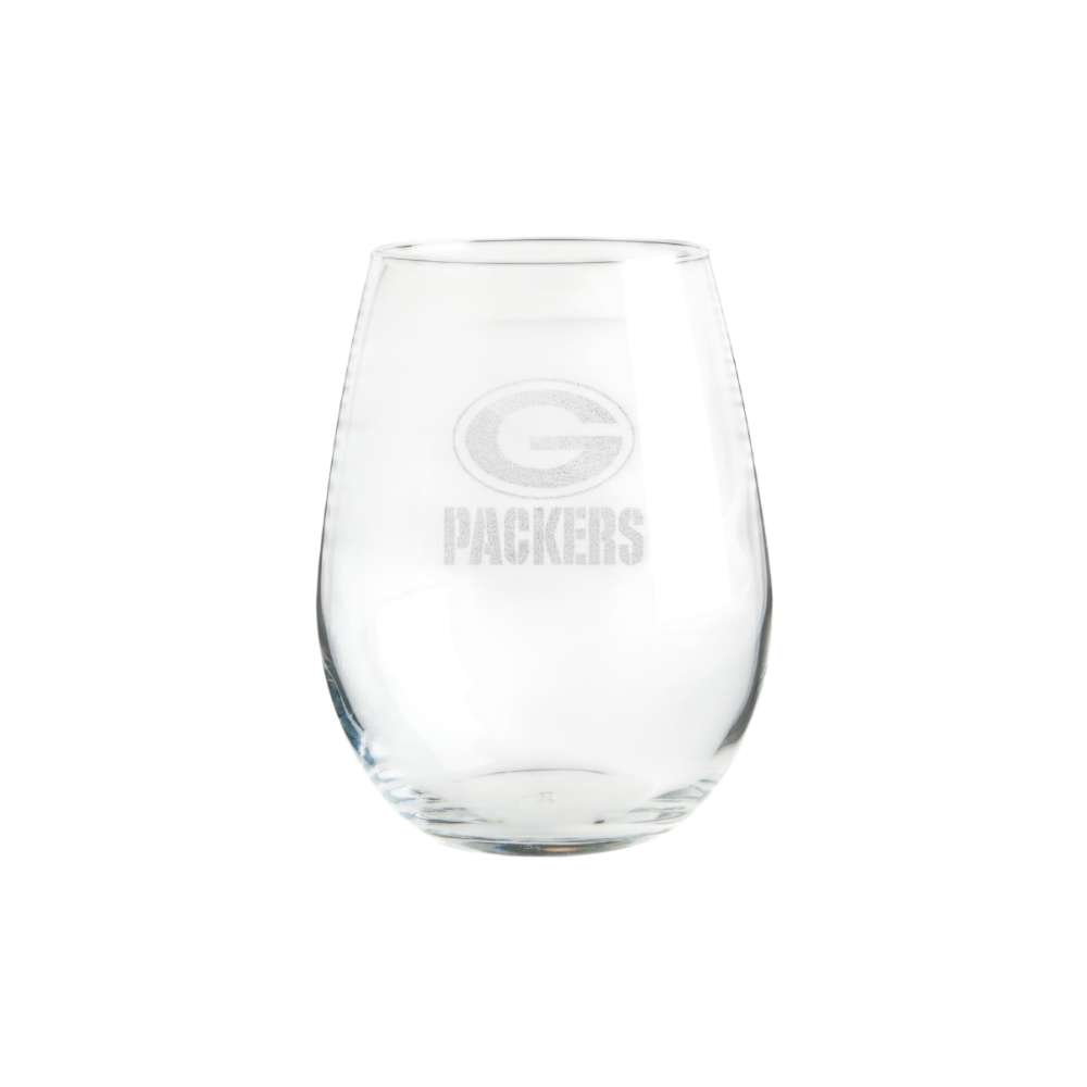 Green Bay Packers Crate & Barrel NFL Aspen 11.75oz Stemless Wine Glass, Set of 4 featuring an etched oval “G” logo and Packers wordmark on clear glass