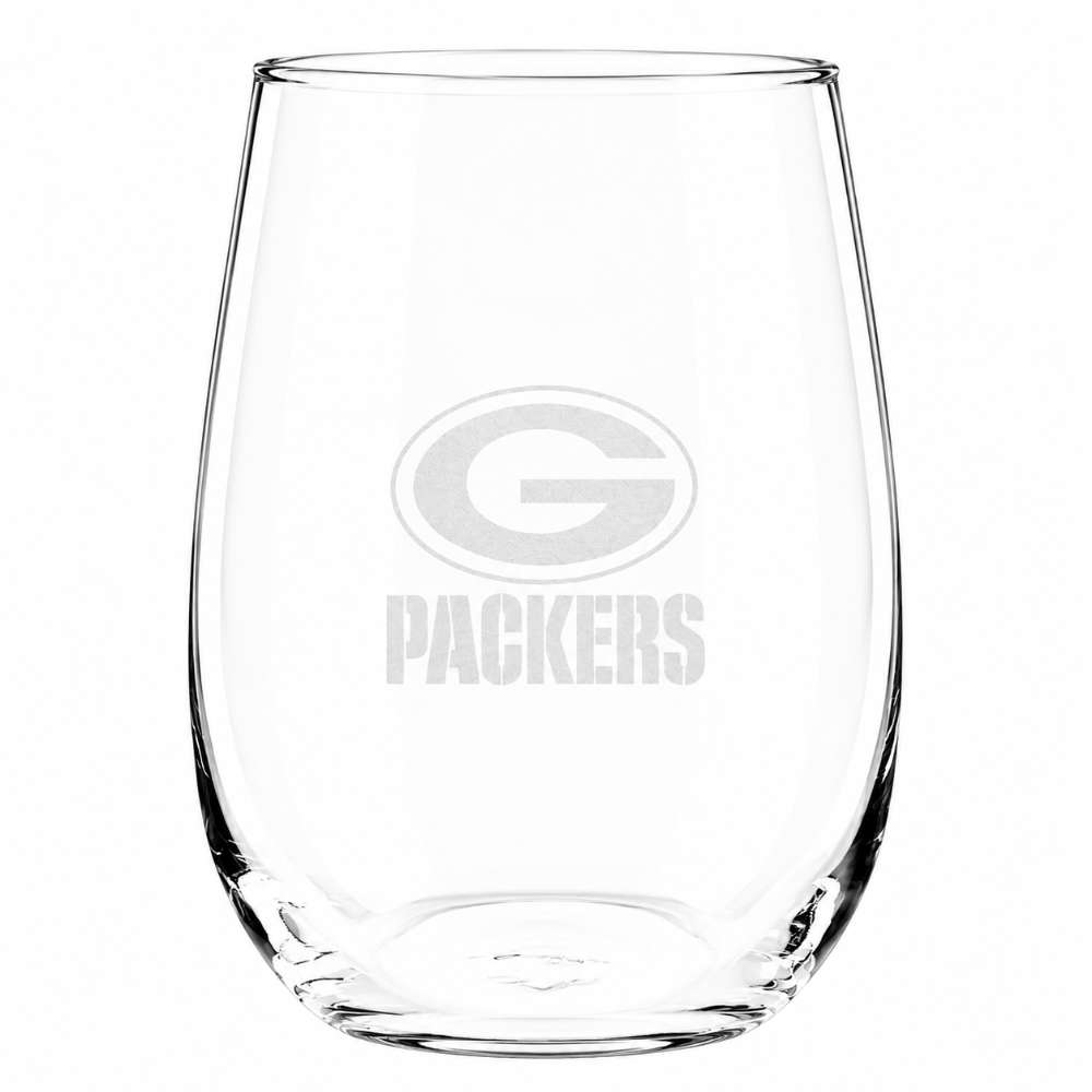 Green Bay Packers Crate & Barrel NFL Aspen 17oz Stemless Wine Glass, Set of 4 features a clear stemless glass etched with the Packers oval "G" logo and team name