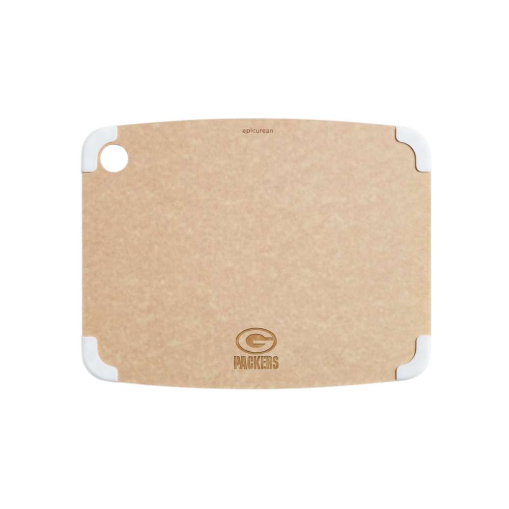 Green Bay Packers Crate & Barrel NFL Organic Cotton Oven Mitt with Silicone Grip has a natural tan surface with white corner grips and an engraved Packers "G" logo and wordmark