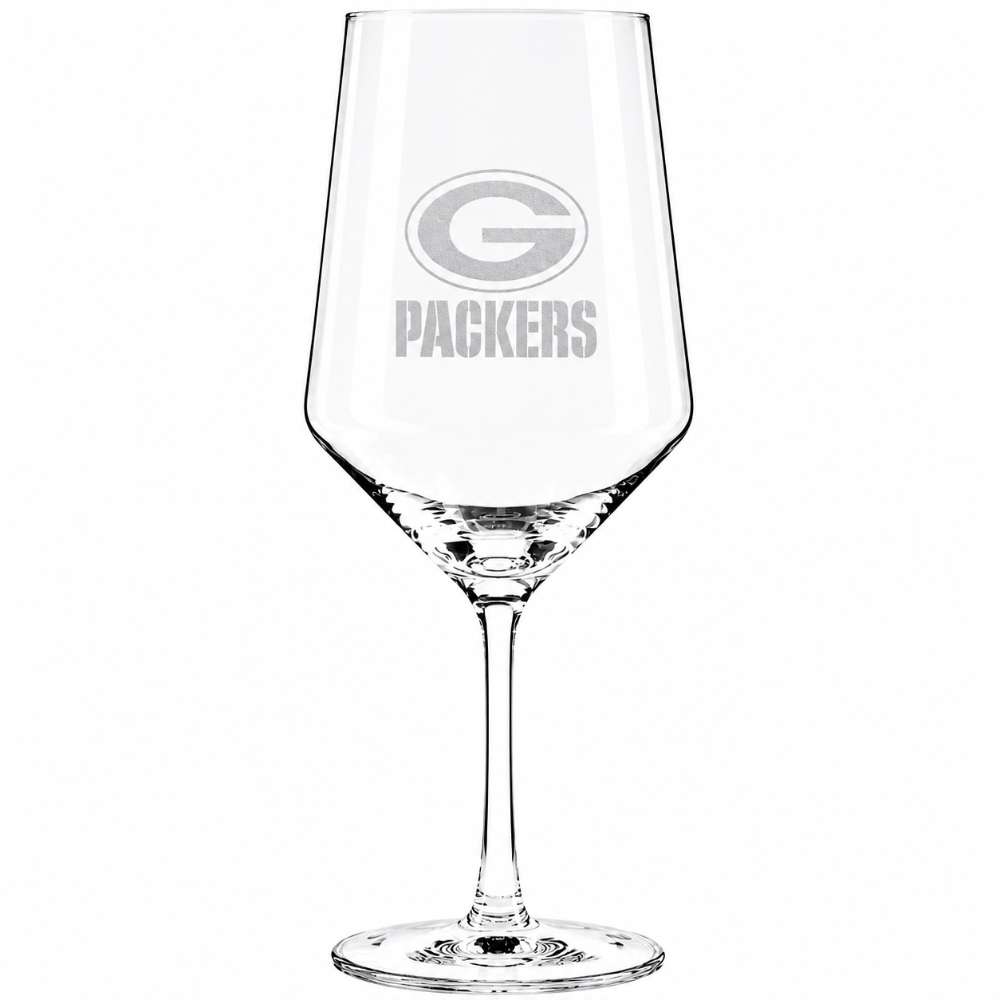 Green Bay Packers Crate & Barrel NFL Tour 18oz Red Wine Glass, Set of 4 featuring the Packers “G” logo and wordmark etched on a clear stemmed wine glass