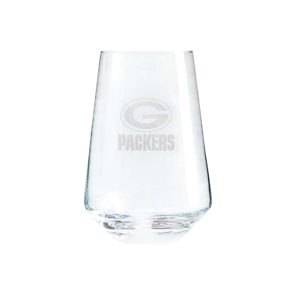 Green Bay Packers Crate & Barrel NFL Tour 19oz Stemless Wine Glass, Set of 4 featuring the Packers “G” logo and team name etched on clear glass