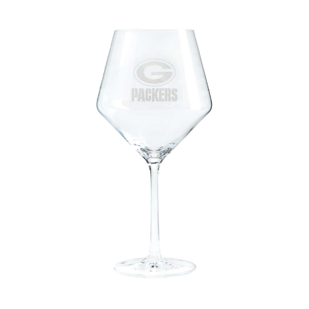 Green Bay Packers Crate & Barrel NFL Tour 24oz Red Wine Glass, Set of 4 featuring the Packers oval G logo and team name etched on a clear stemmed wine glass