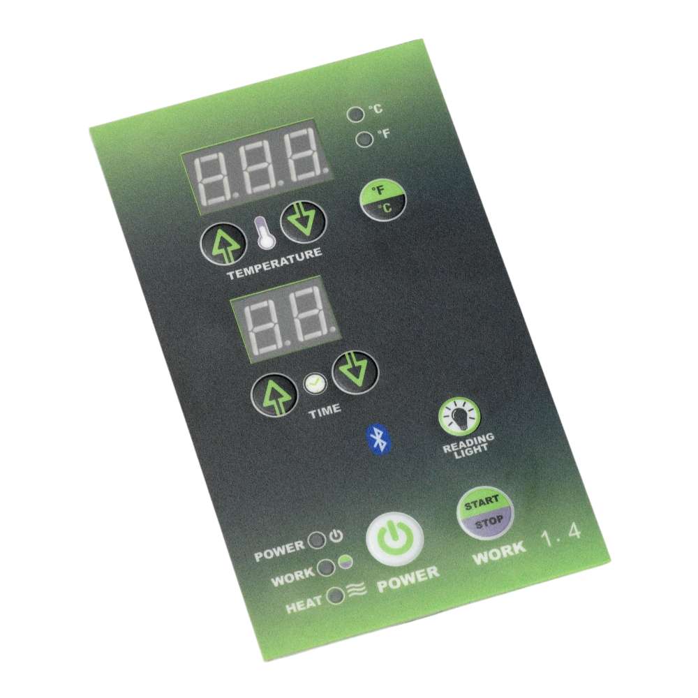 Green digital control panel with temperature and timer displays and touch buttons for Golden Designs Dynamic Santorini 1-2 Person Full Spectrum Near Zero EMF Far Infrared Sauna