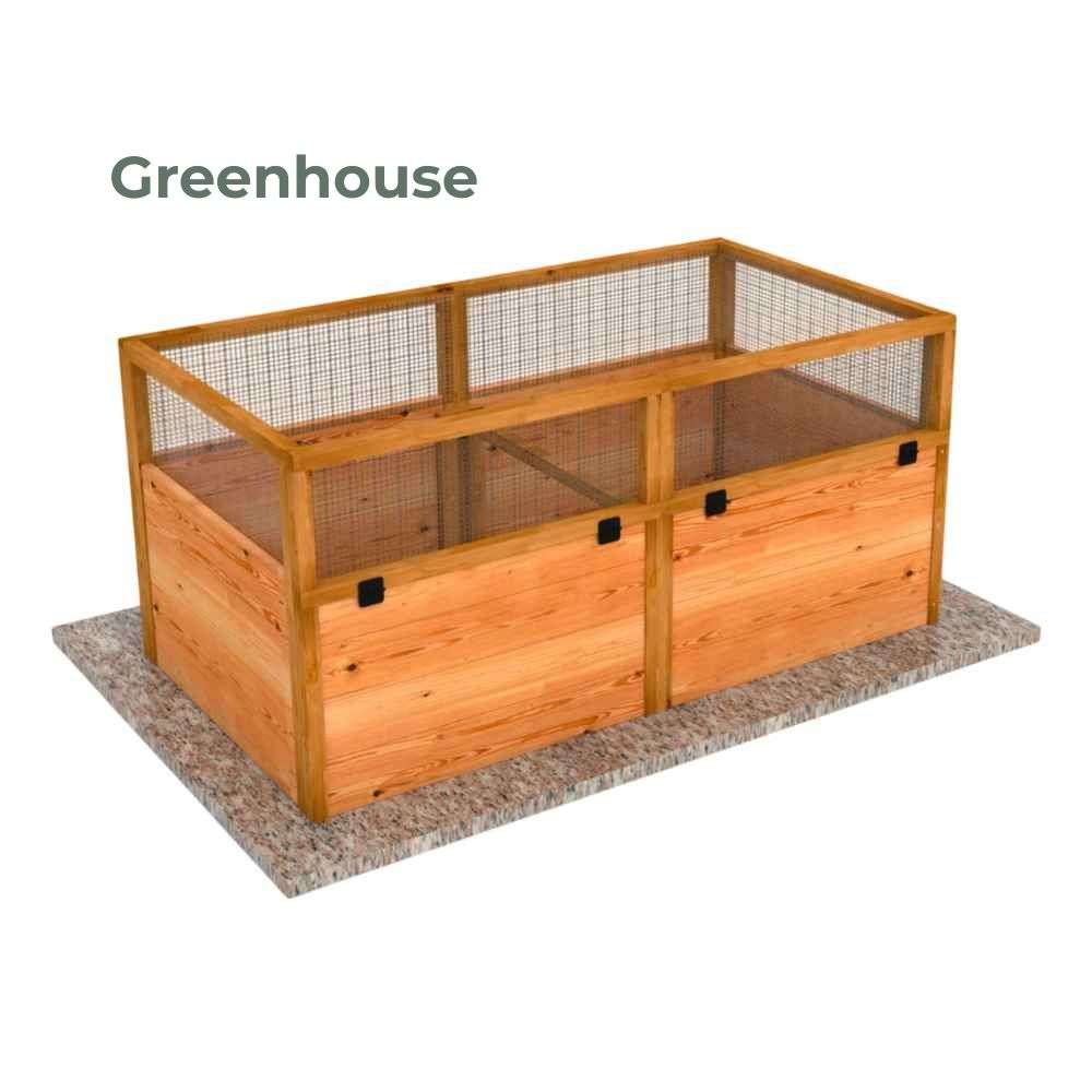 Greenhouse Outdoor Living Today 6×3 Raised Garden Bed with mesh sides and an open-top greenhouse frame for airflow and plant safety