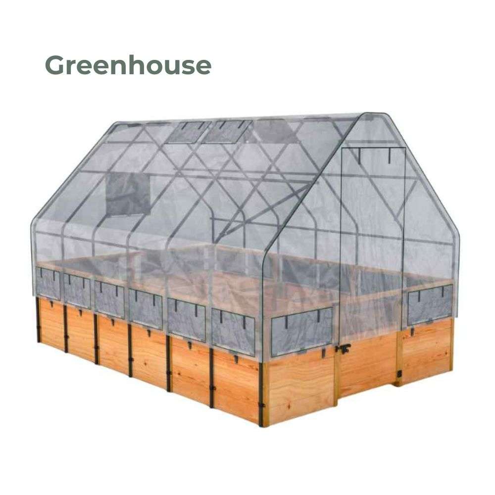 Greenhouse Outdoor Living Today 8x12 Raised Garden Bed enclosed with a clear greenhouse cover and door to protect plants from weather