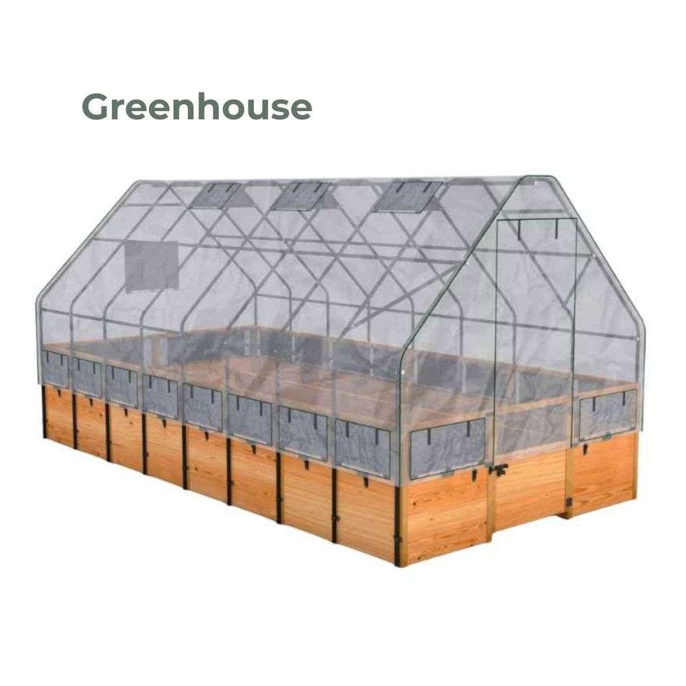 Greenhouse Outdoor Living Today 8x16 Raised Garden Bed enclosed with a large clear greenhouse cover and door to protect plants from weather