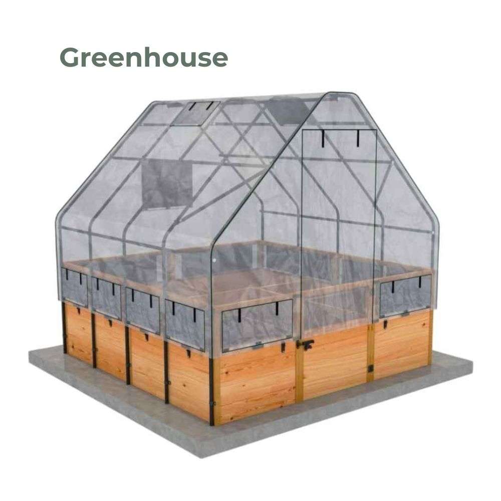 Greenhouse Outdoor Living Today 8x8 Raised Garden Bed enclosed with a transparent greenhouse cover and door to shield plants from weather