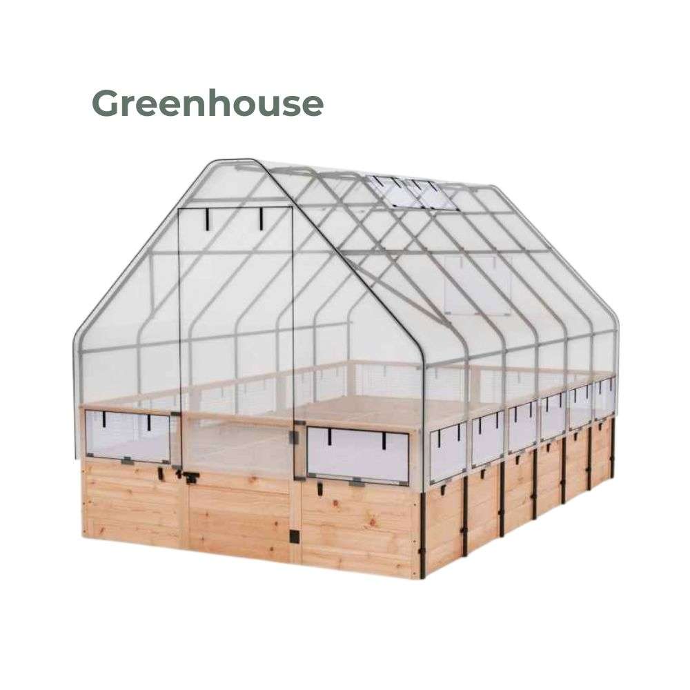 Greenhouse Outdoor Living Today 8x8 Raised Garden Bed with a clear greenhouse frame and door that covers the wooden planter to create a protected growing space