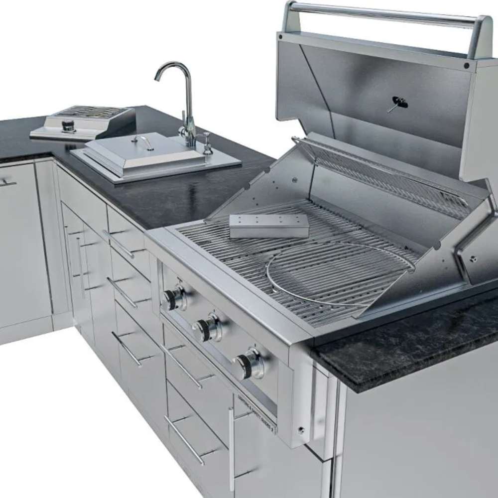 Grill and sink combo with storage cabinets in the Sunstone Texas Tango 19ft Outdoor Kitchen Island Package
