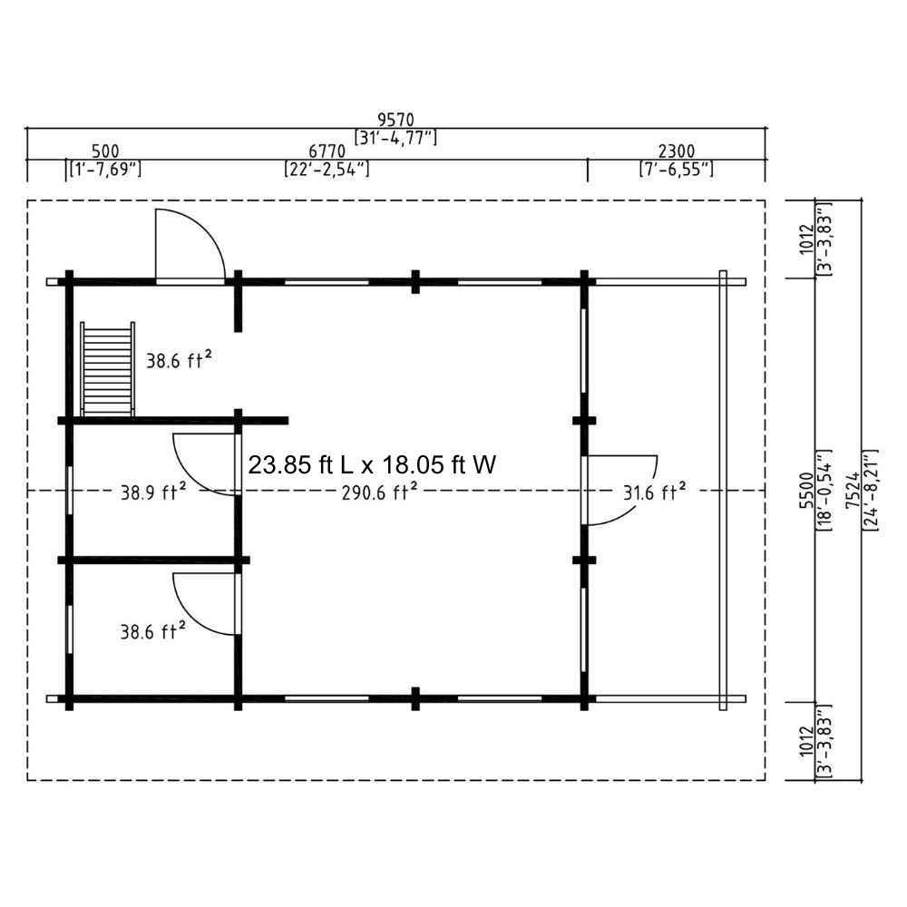 Ground floor layout of GardenHouse24 USA Anders 90A Garden Room shows labeled room areas with measurements