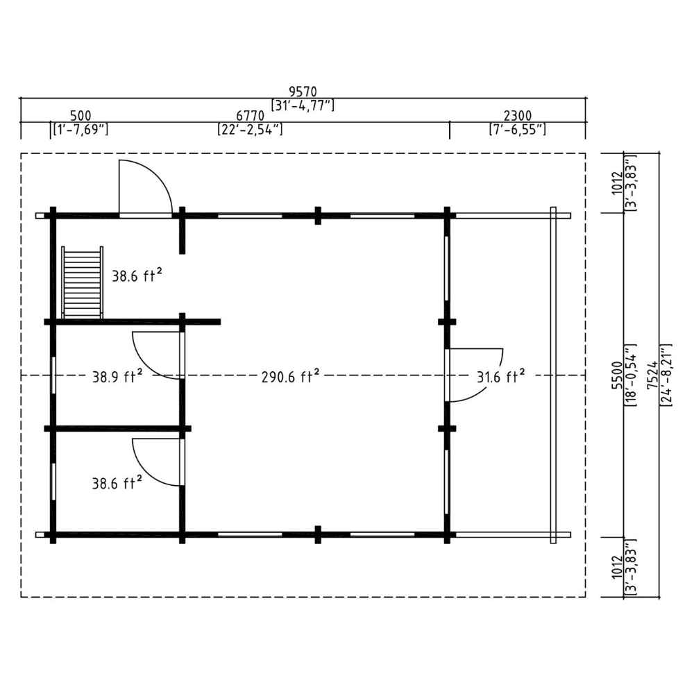 Ground floor layout of the GardenHouse24 USA Anders 90A Garden Room shows labeled room areas with precise measurements