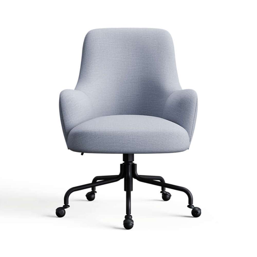 Harbor Ascend Linen Weave Crate & Barrel Bellevue Upholstered Office Chair in harbor blue fabric with a rounded backrest and black caster base