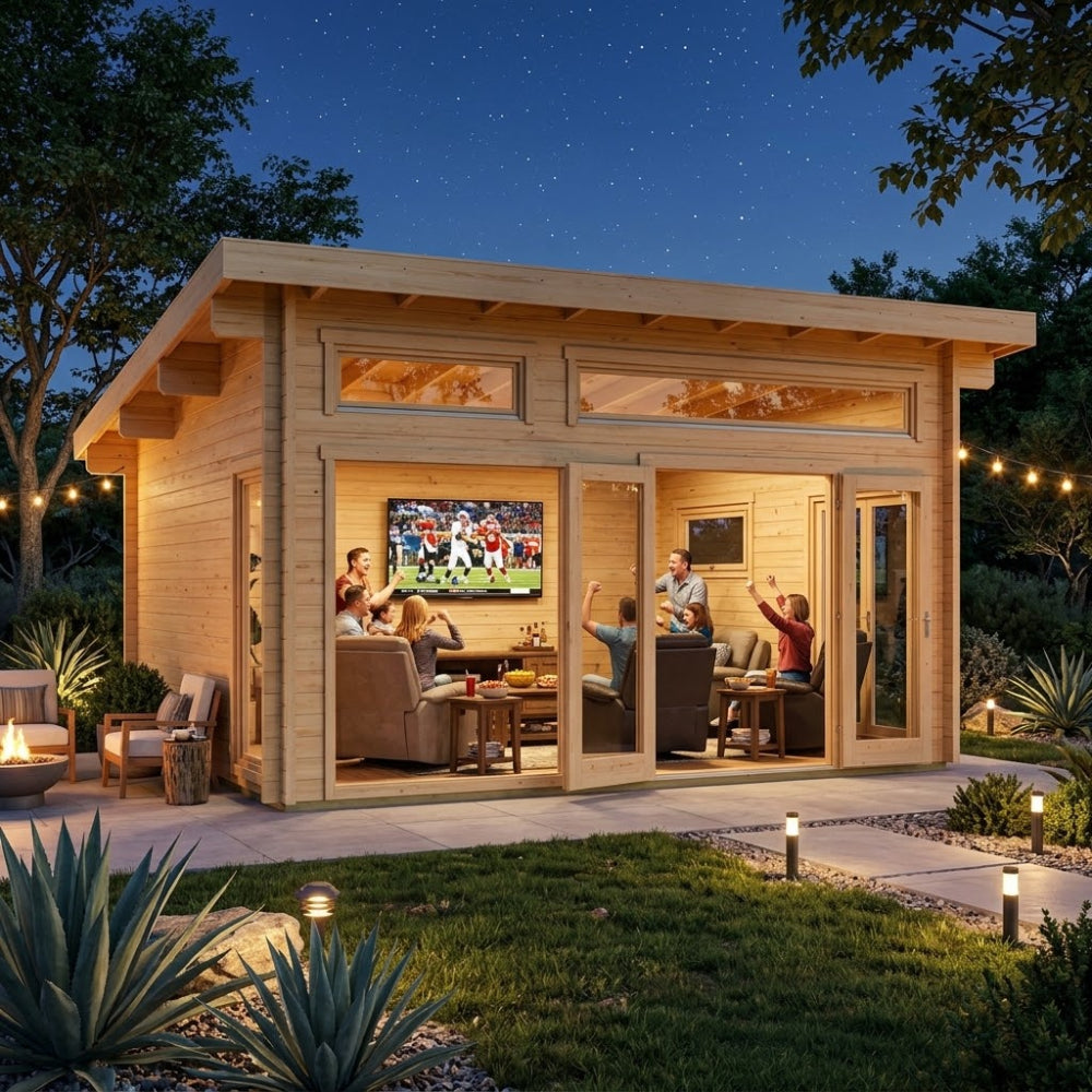 Twilight view of a timber cabin with a lively interior sports watch party. Through large glass doors, people are cheering at a television. Outside is a lit stone patio with a fire pit and trees under a starry sky.