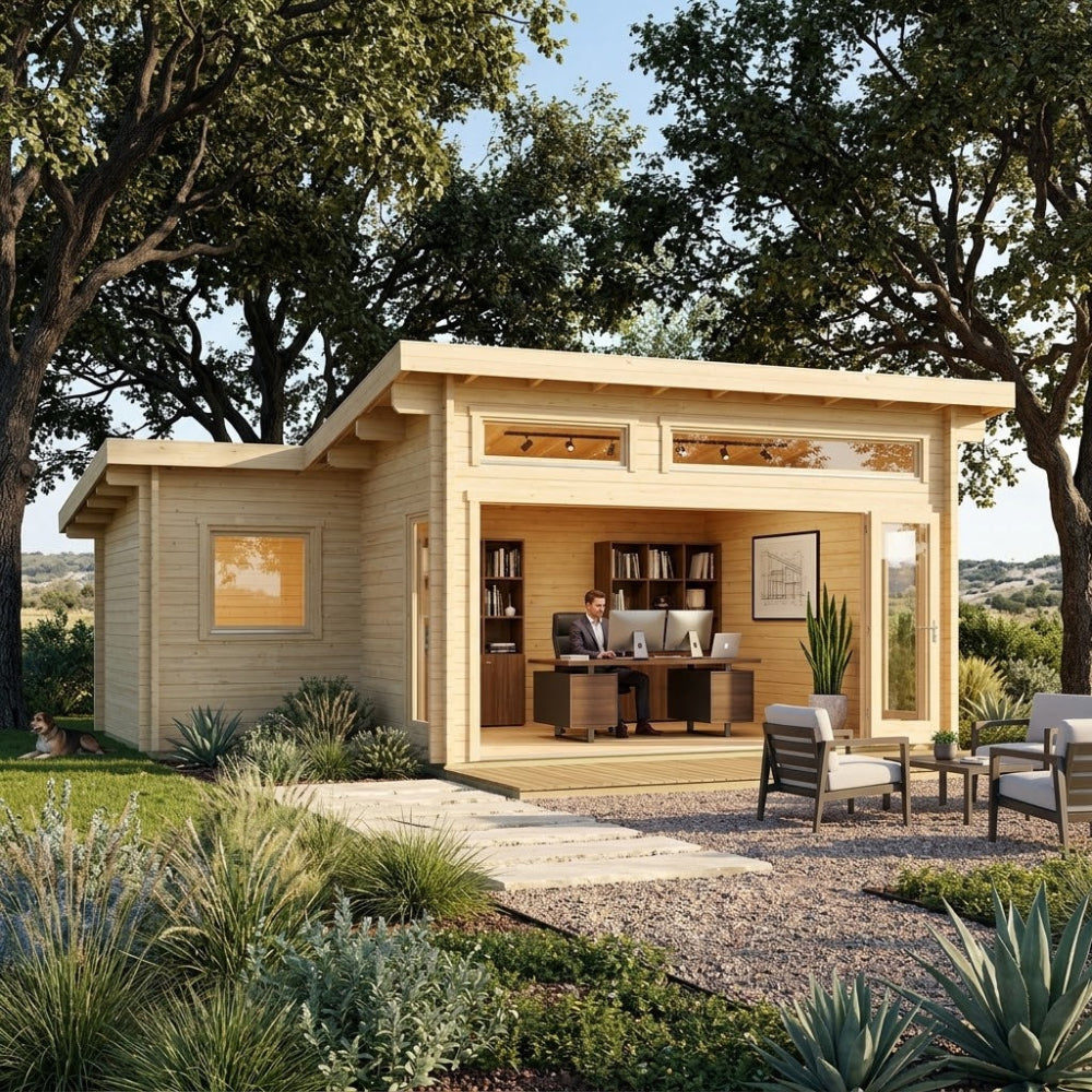 Modern timber backyard office cabin with a person working at a desk inside, situated in a Texas Hill Country landscape.