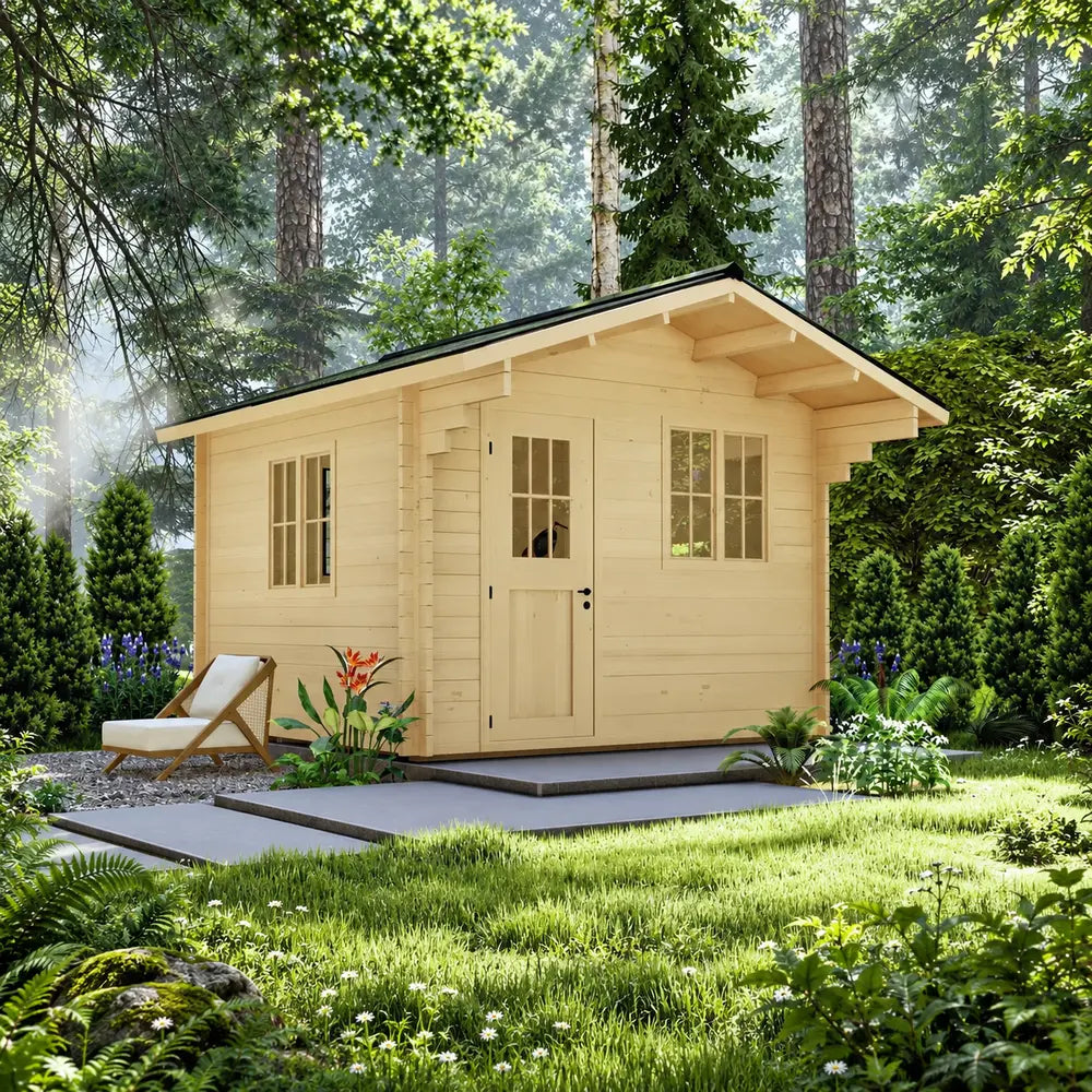 Harvest Grand Bungalow 107 garden room surrounded by lush forest greenery with a small front porch and cushioned lounge chair.