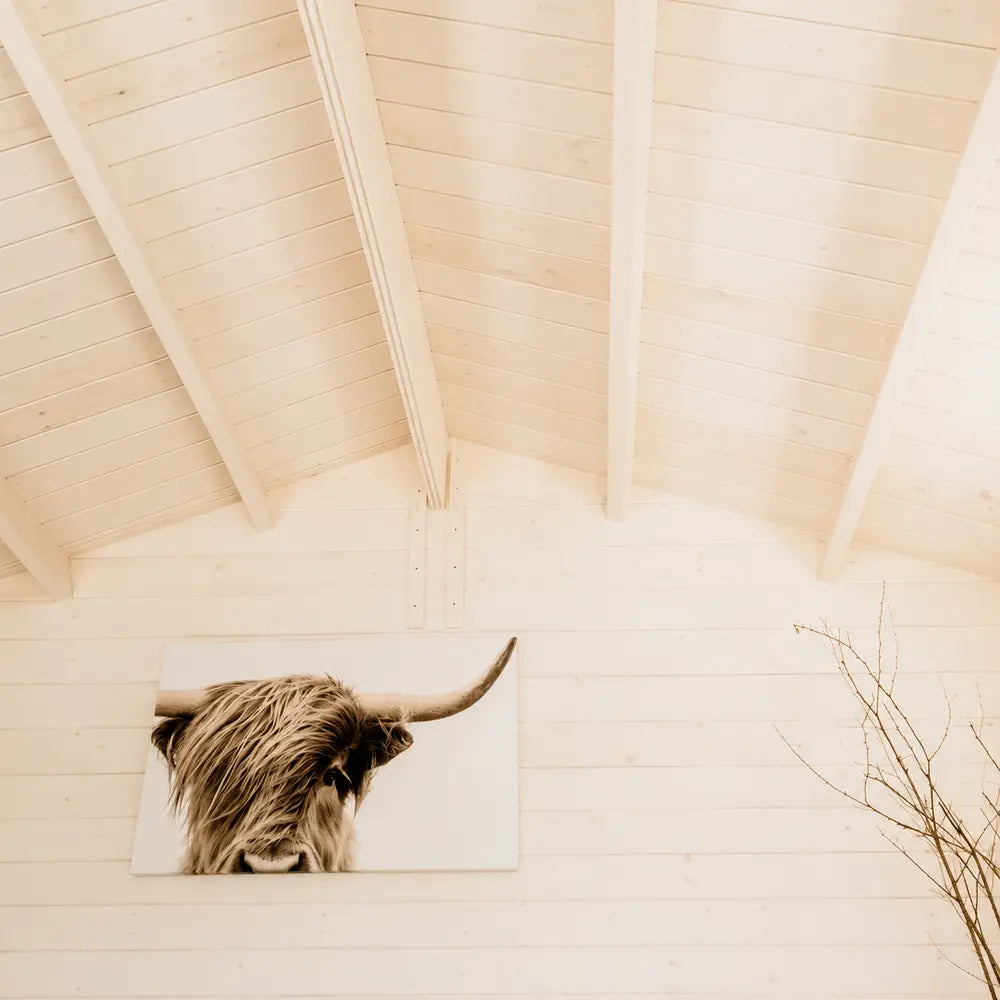 Upward interior view of the Harvest Grand Bungalow’s pale vaulted wooden ceiling with exposed beams and Highland cow artwork.