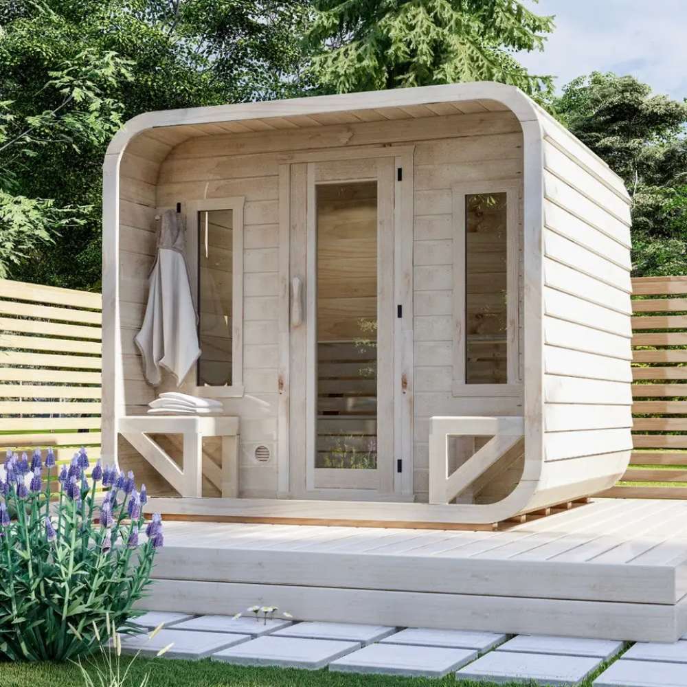 Head-on view of Sawmill Structures Box Sauna emphasizing its symmetrical design and inviting front porch