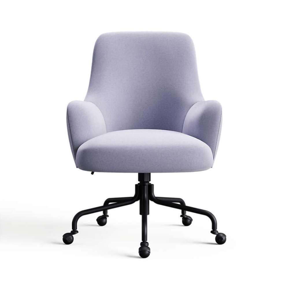 Heather Covet Velvet Crate & Barrel Bellevue Upholstered Office Chair in soft lavender velvet with curved arms and a black rolling base