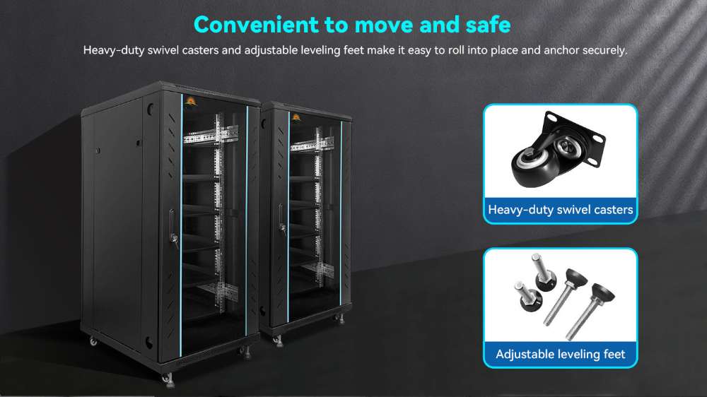 Heavy-duty casters and leveling feet make Sun Gold Power Enclosed Battery Cabinet 6 Slot with Bus Bar easy to move and secure