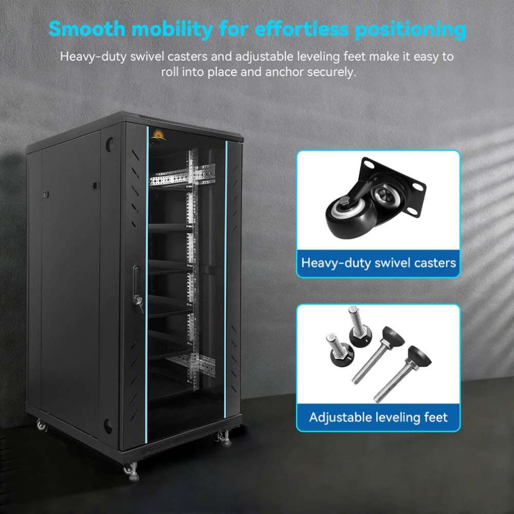 Heavy-duty casters and leveling feet on Sun Gold Power Enclosed Battery Cabinet 6 Slot with Bus Bar for easy positioning