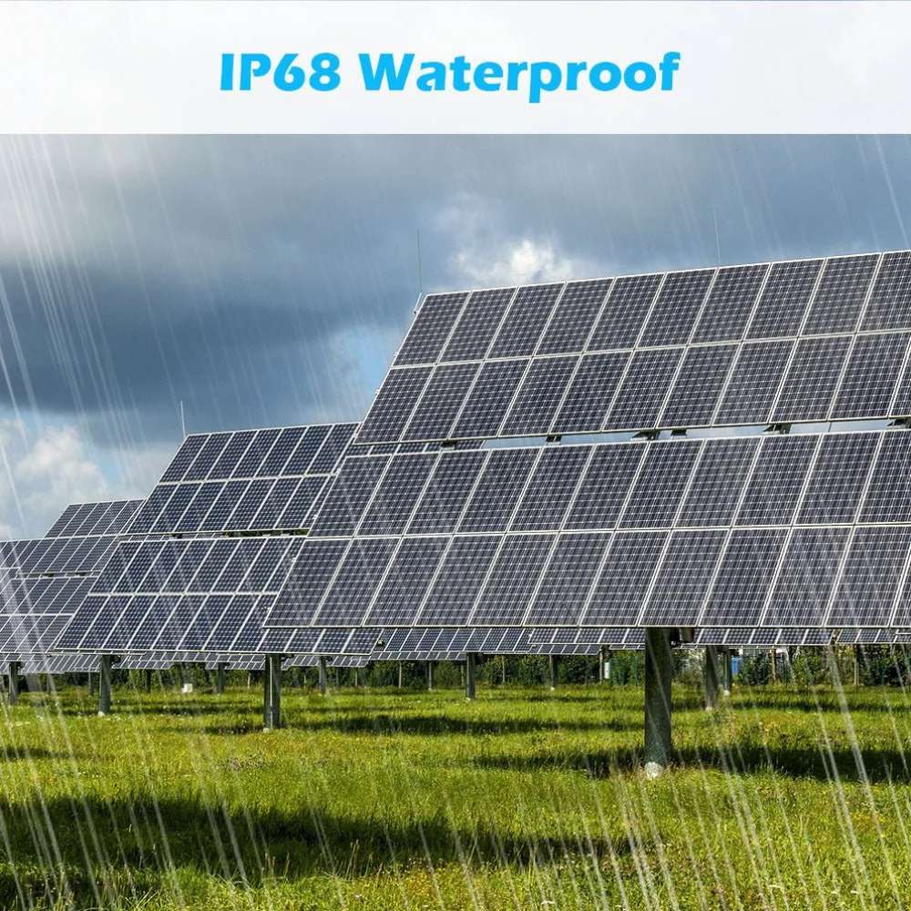 Heavy rain falls over installed Sun Gold Power 450W Mono Black PERC Solar Panel Full Pallet (32 Panels) to demonstrate IP68 waterproof protection