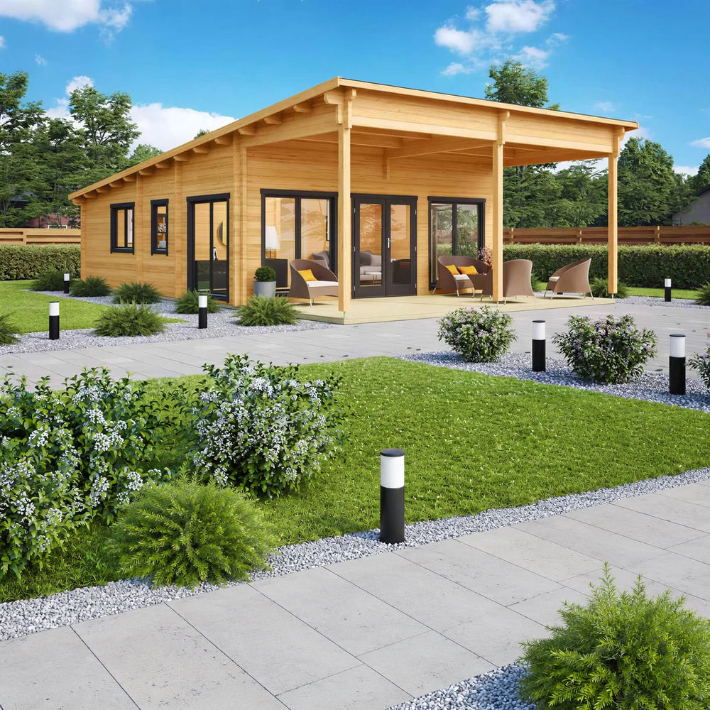 GardenHouse24 USA Hedland 70 Garden Room is shown in a sunny garden setting with outdoor furniture and glass doors inviting natural light into the space
