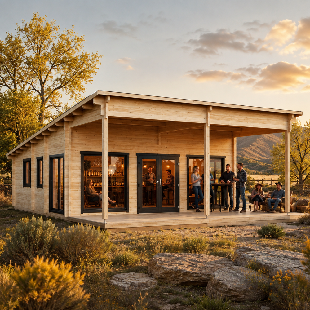 Hedland 70 transformed into an upscale golden-hour entertainment bar, with adults socializing in a landscaped Wyoming ranch setting.
