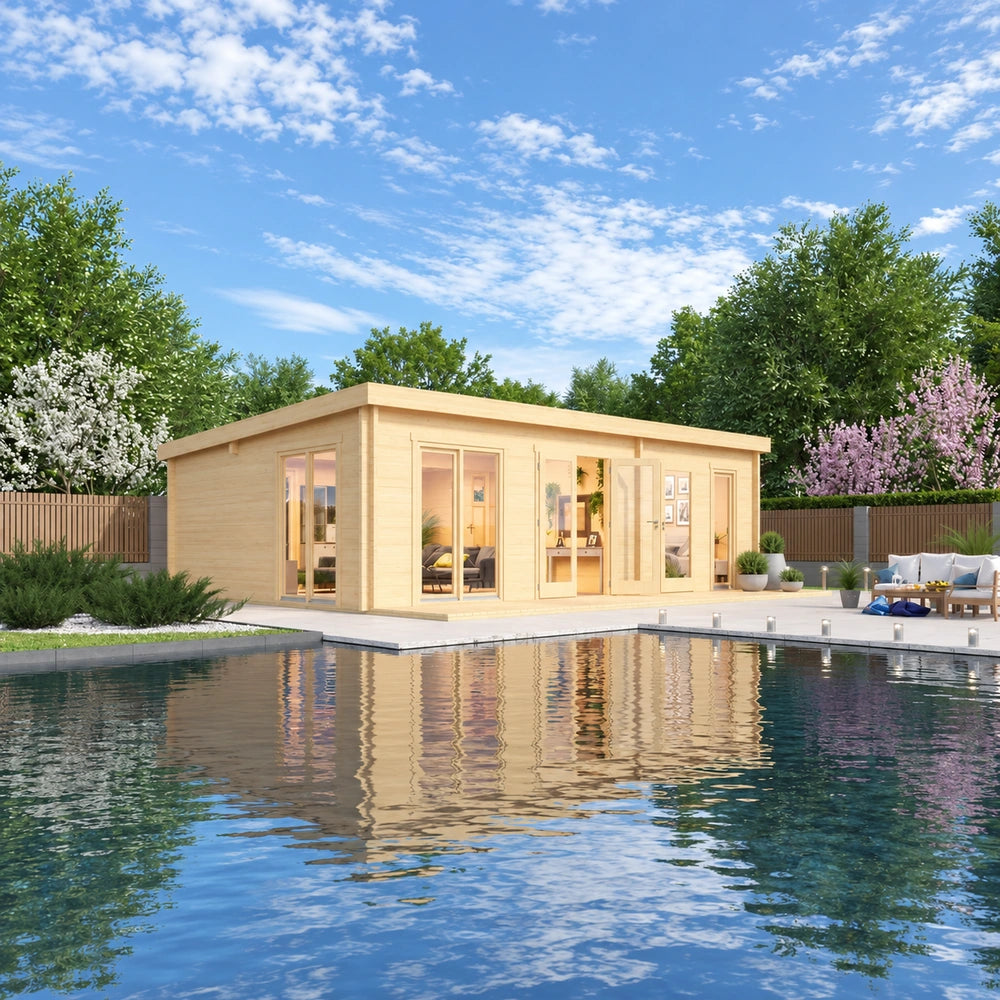 A serene garden view places the GardenHouse24 USA Henning 70 Garden Room beside a reflective pool with vibrant landscaping
