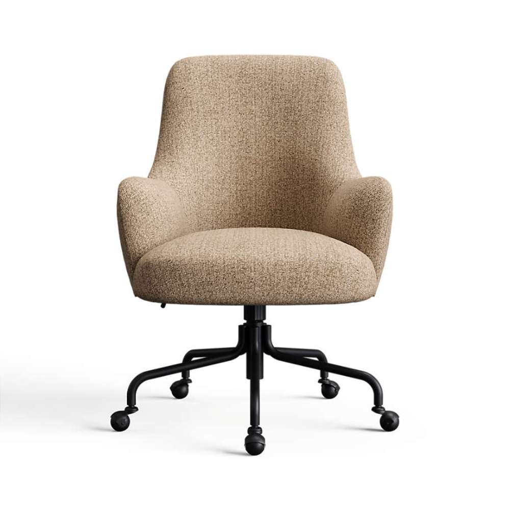 Hickory Belden Boucle Crate & Barrel Bellevue Upholstered Office Chair in textured hickory beige boucle fabric with a rounded back and black caster base