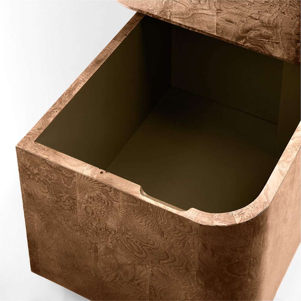 Hidden storage compartment inside Crate & Barrel Greye 60" Burl Wood Desk with Swivel Drawers offers extra organization space