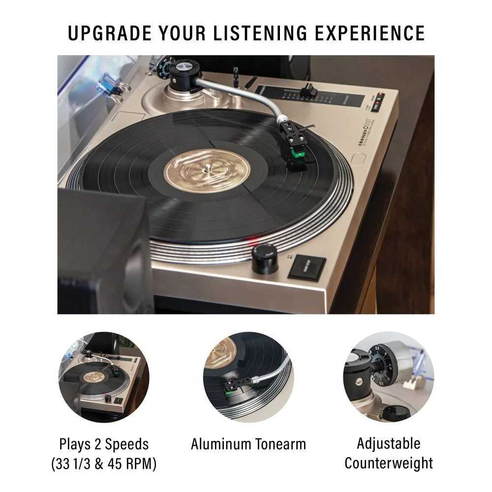 Highlights of the Crosley C100BT Bluetooth Turntable - Champagne include two speed settings, aluminum tonearm, and adjustable counterweight for optimal sound